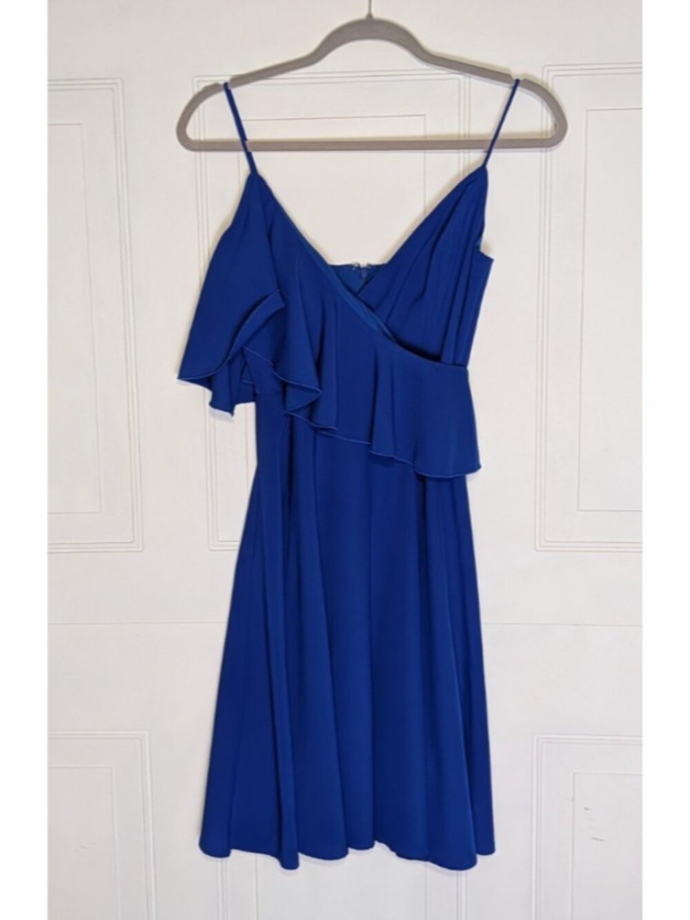 Dress Egreis XS blue strapless cold shoulder ruffle trim boning waste